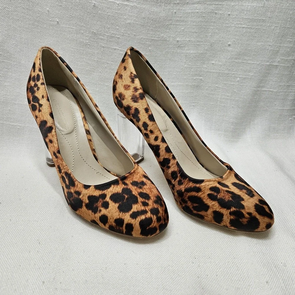 Woolworths Pumps Womens 5 Tan Leopard Animal Print Lucite Clear Block Heel Shoes